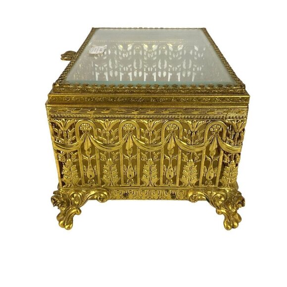 Globe 24kt Gold Plated Jewelry Trinket Box Ornate Filigree Gilt Glamour Vanity - Picture 5 of 8